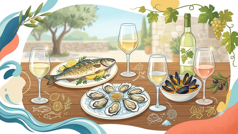 Бокал белого вина и блюдо с морепродуктами в современном стиле для блога ресторана